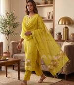 Yellow muga cotton jamdani pichwai weaving salwar suit