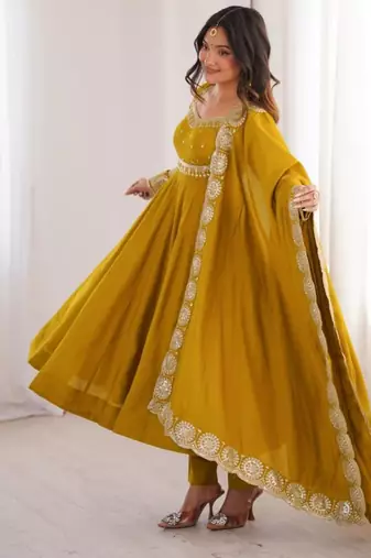 Dark-yellow silk blend embroidered flared gown set