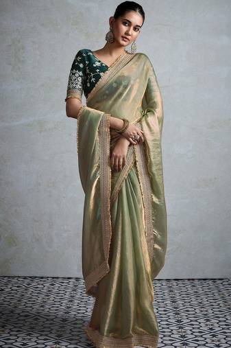 olive embellished zari chiffon designer saree