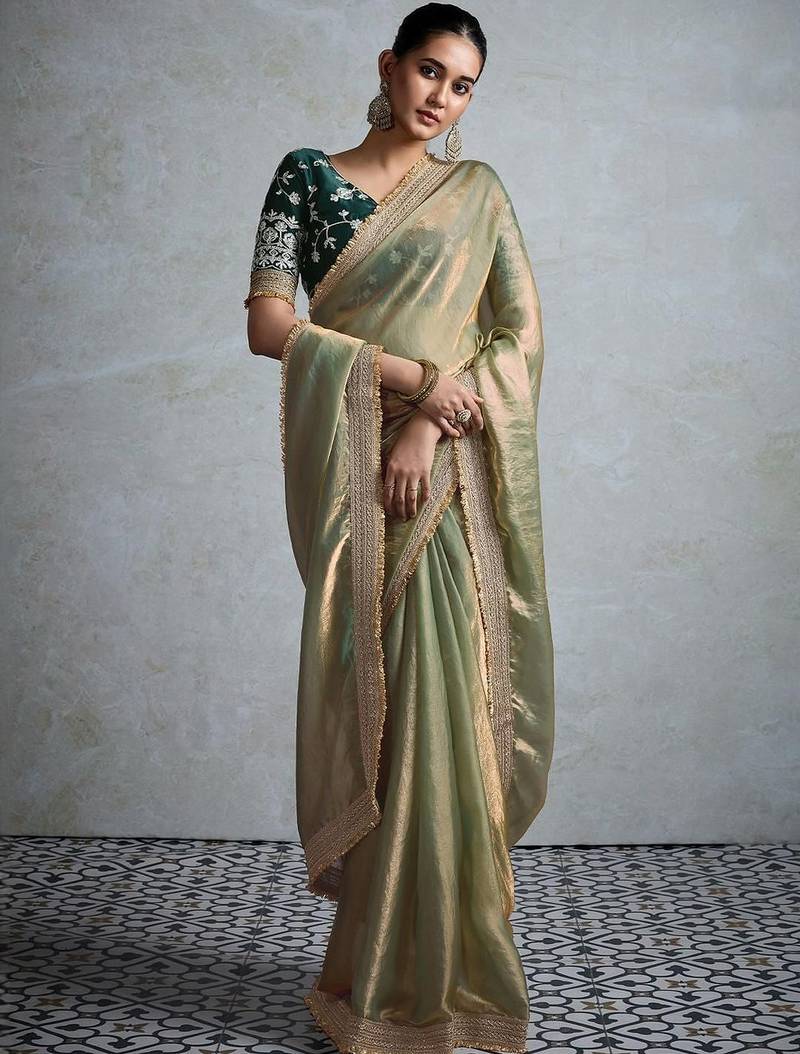 olive embellished zari chiffon designer saree