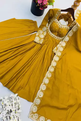 Dark-yellow silk blend embroidered flared gown set
