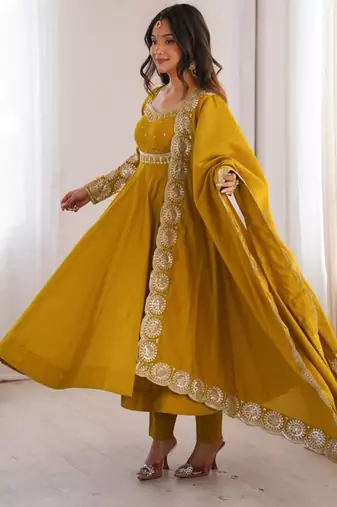 Dark-yellow silk blend embroidered flared gown set