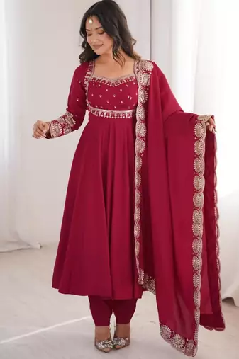 Red silk blend embroidered flared gown set
