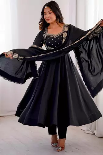 Black silk blend embroidered flared gown set