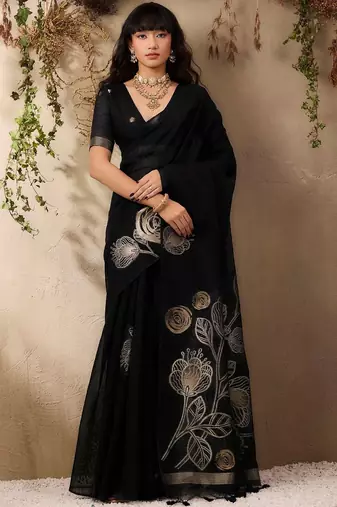 black floral embroidered art silk blend tussar saree