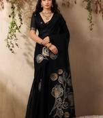 black floral embroidered art silk blend tussar saree