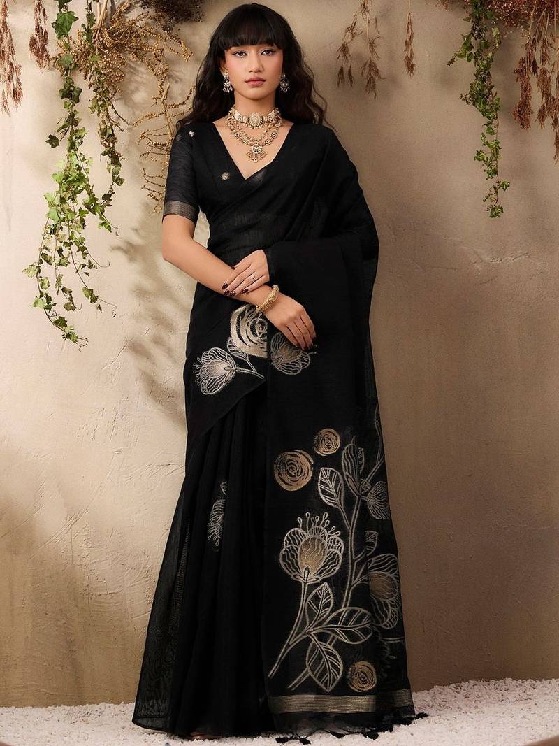 black floral embroidered art silk blend tussar saree