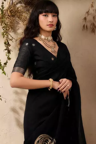 black floral embroidered art silk blend tussar saree