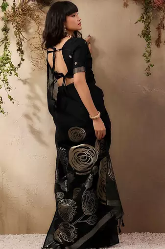 black floral embroidered art silk blend tussar saree