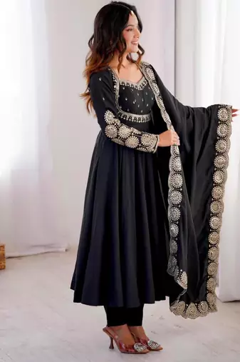 Black silk blend embroidered flared gown set