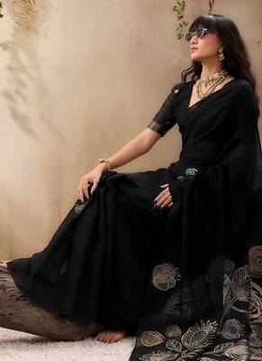 black floral embroidered art silk blend tussar saree 4