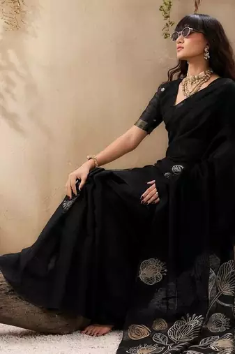 black floral embroidered art silk blend tussar saree
