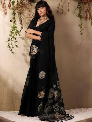 black floral embroidered art silk blend tussar saree 5