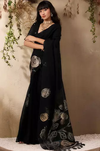 black floral embroidered art silk blend tussar saree