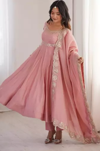 Pink silk blend embroidered flared gown set