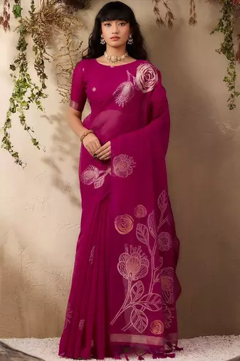 magenta ethnic motifs floral art silk blend tussar saree with unstitched blouse