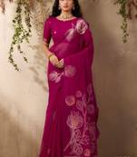 magenta ethnic motifs floral art silk blend tussar saree with unstitched blouse