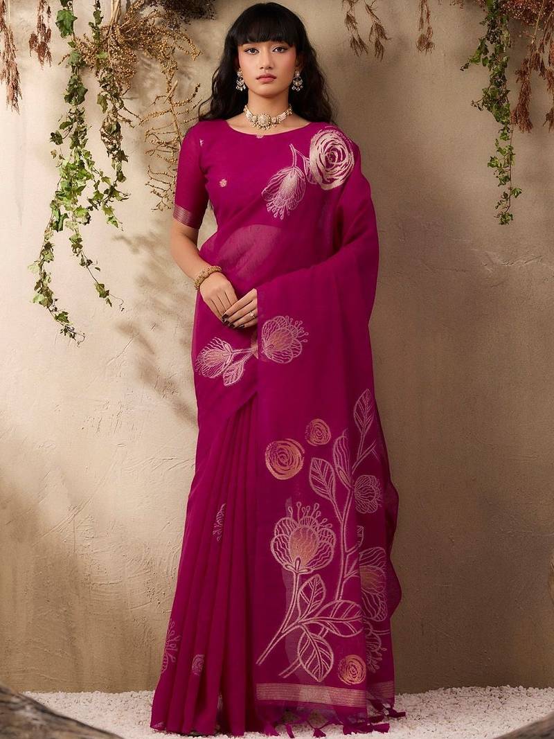 magenta ethnic motifs floral art silk blend tussar saree with unstitched blouse