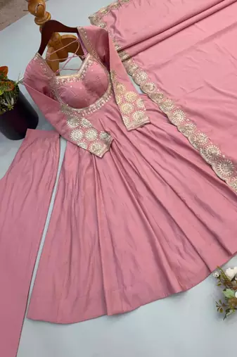 Pink silk blend embroidered flared gown set