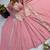 Pink silk blend embroidered flared gown set