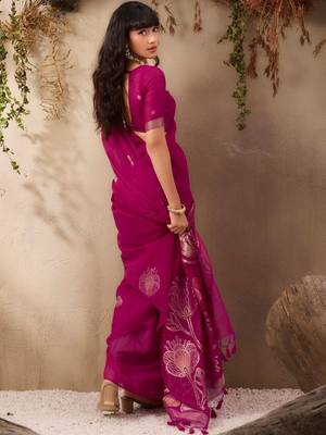 magenta ethnic motifs floral art silk blend tussar saree with unstitched blouse 2