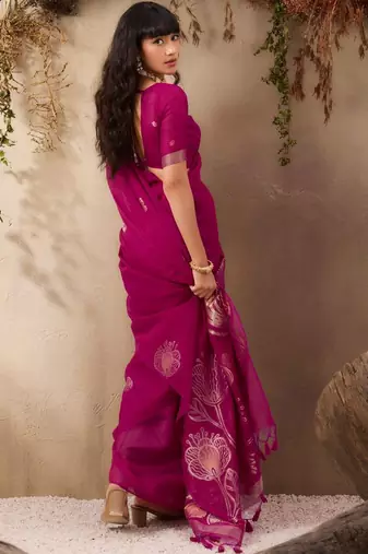 magenta ethnic motifs floral art silk blend tussar saree with unstitched blouse