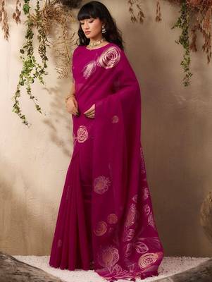 magenta ethnic motifs floral art silk blend tussar saree with unstitched blouse 3