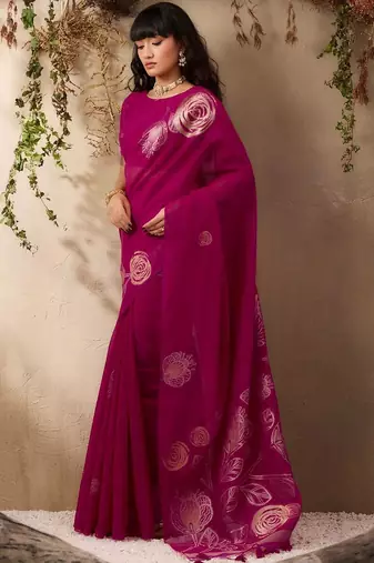 magenta ethnic motifs floral art silk blend tussar saree with unstitched blouse