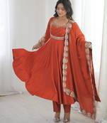 Orange silk blend embroidered flared gown set