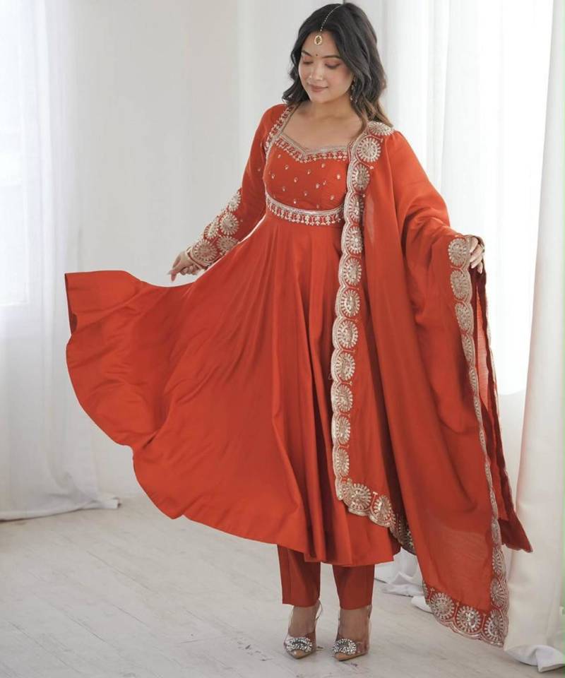 Orange silk blend embroidered flared gown set