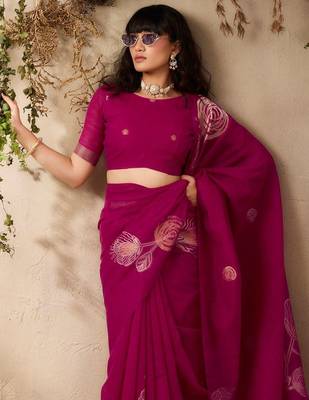 magenta ethnic motifs floral art silk blend tussar saree with unstitched blouse 4