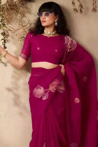 magenta ethnic motifs floral art silk blend tussar saree with unstitched blouse