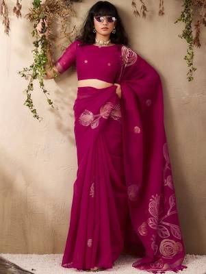 magenta ethnic motifs floral art silk blend tussar saree with unstitched blouse 5