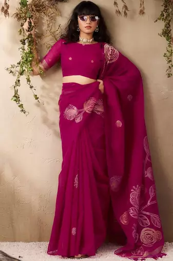 magenta ethnic motifs floral art silk blend tussar saree with unstitched blouse