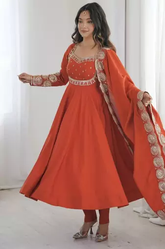 Orange silk blend embroidered flared gown set