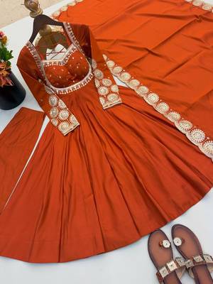 Orange silk blend embroidered flared gown set 5