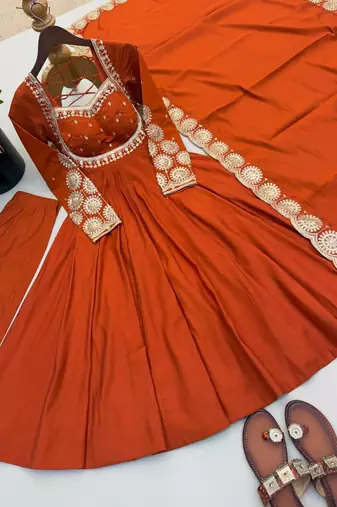 Orange silk blend embroidered flared gown set