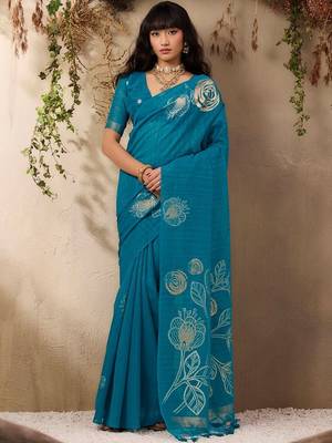 blue floral art silk blend designer tussar saree 1