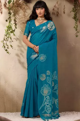 blue floral art silk blend designer tussar saree