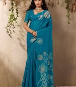 blue floral art silk blend designer tussar saree