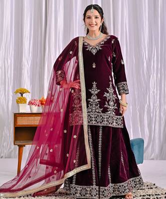 Wine silk blend embroidered palazzo set 1