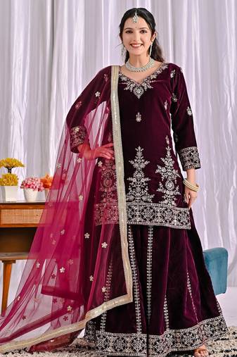 Wine silk blend embroidered palazzo set