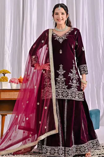 Wine silk blend embroidered palazzo set
