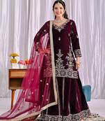 Wine silk blend embroidered palazzo set