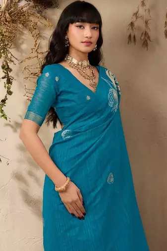 blue floral art silk blend designer tussar saree