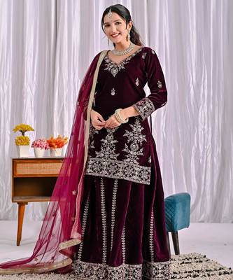 Wine silk blend embroidered palazzo set 2