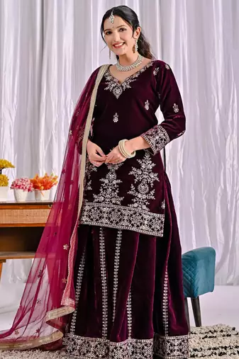 Wine silk blend embroidered palazzo set