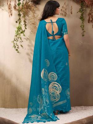 blue floral art silk blend designer tussar saree 3