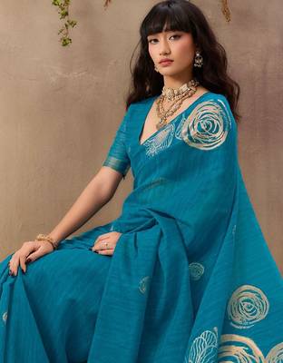 blue floral art silk blend designer tussar saree 4