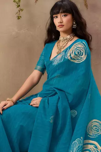 blue floral art silk blend designer tussar saree